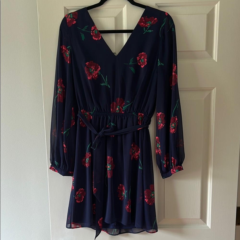 Express Blue and Red Pleated V-Neck Sundress